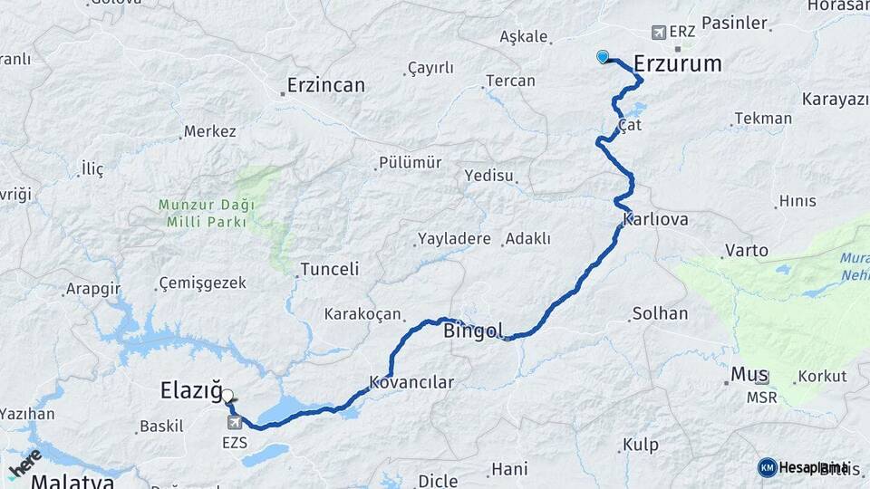 Erzurum Palandöken Elazığ Arası Kaç Km - Yol Haritası
