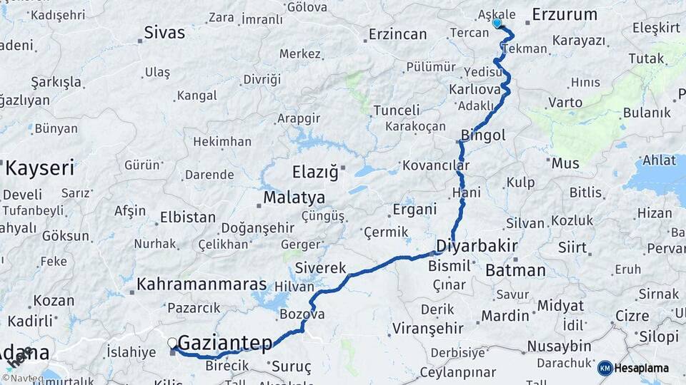 Erzurum Palandöken Gaziantep Arası Kaç Km - Yol Haritası
