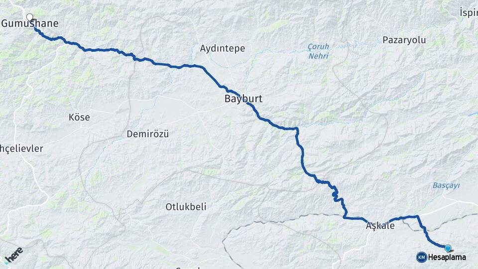 Erzurum Palandöken Gümüşhane Arası Kaç Km - Yol Haritası