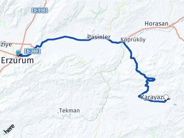 Erzurum Palandöken Karayazı Arası Kaç Km - Yol Haritası