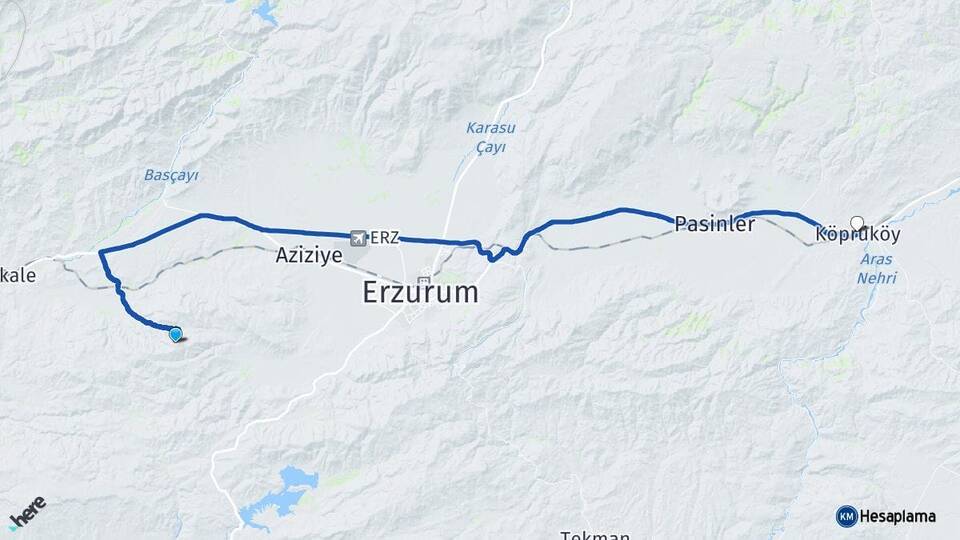 Erzurum Palandöken Köprüköy Arası Kaç Km - Yol Haritası