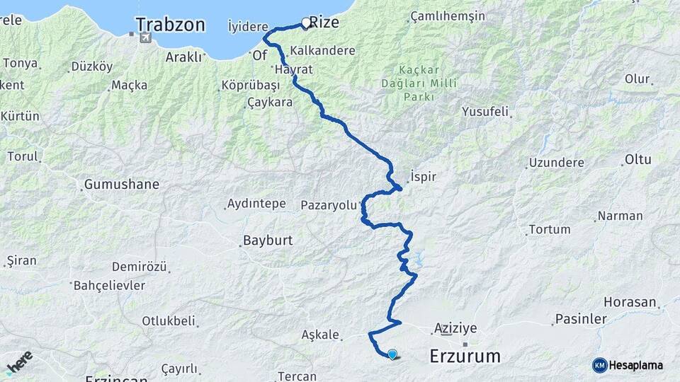 Erzurum Palandöken Rize Arası Kaç Km - Yol Haritası