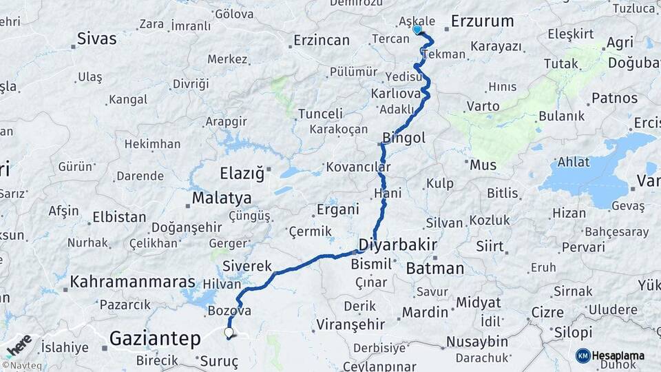 Erzurum Palandöken Şanlıurfa Arası Kaç Km - Yol Haritası