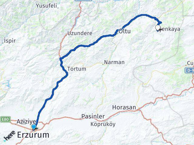 Erzurum Palandöken Şenkaya Arası Kaç Km - Yol Haritası