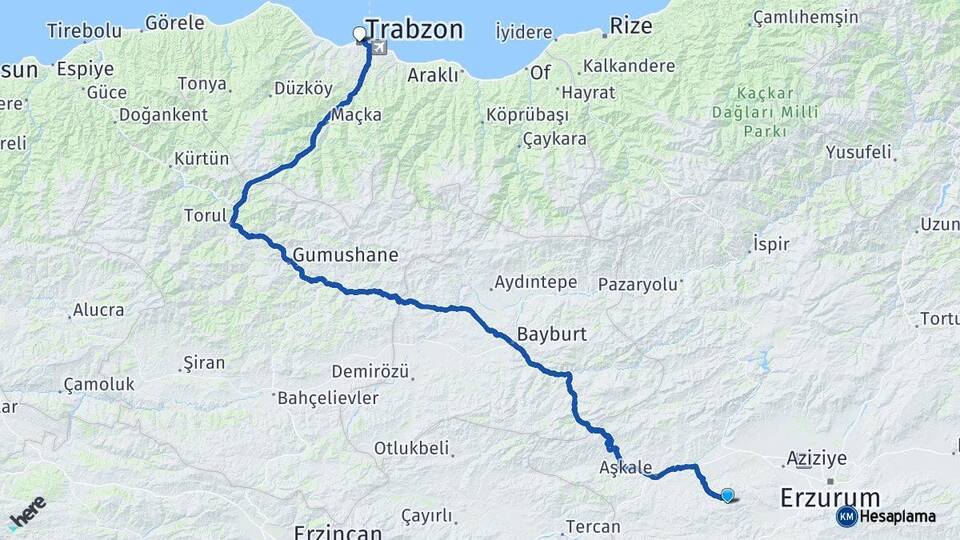 Erzurum Palandöken Trabzon Arası Kaç Km - Yol Haritası