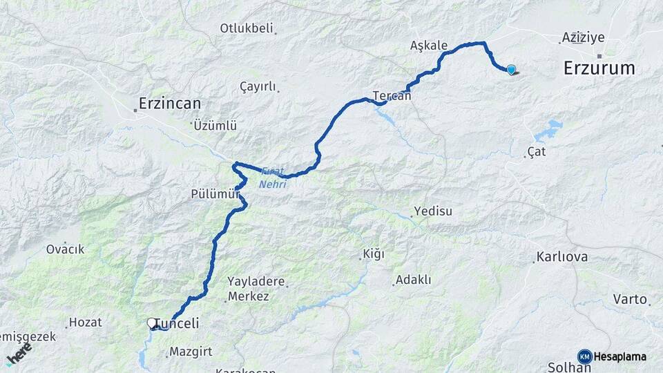 Erzurum Palandöken Tunceli Arası Kaç Km - Yol Haritası