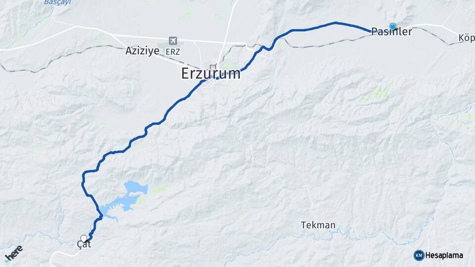 Erzurum Pasinler Çat Arası Kaç Km - Yol Haritası