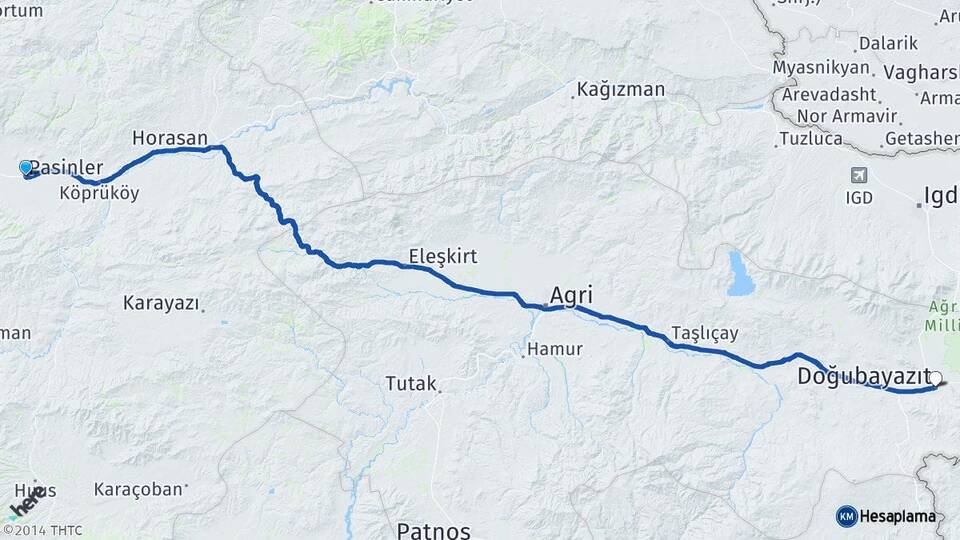 Erzurum Pasinler Doğubayazıt Ağrı Arası Kaç Km - Yol Haritası