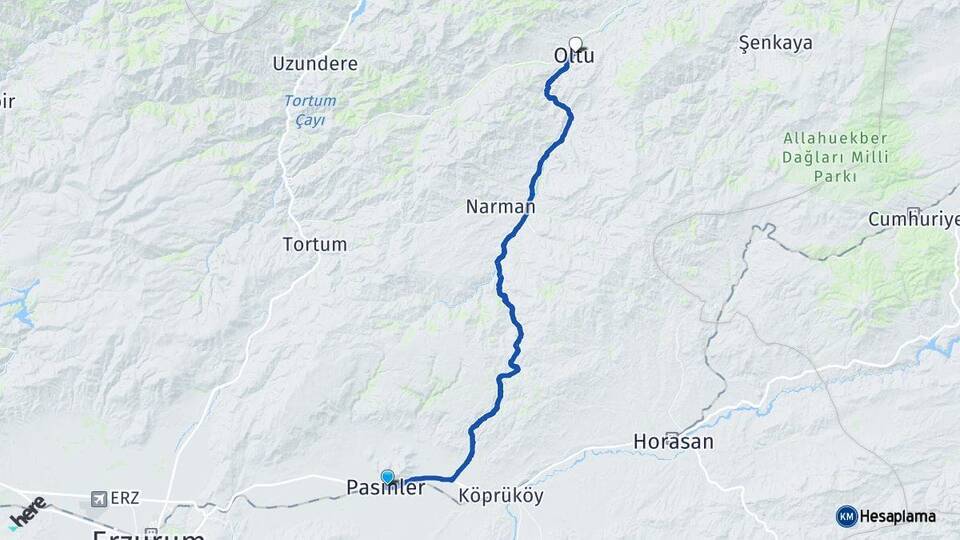 Erzurum Pasinler Oltu Arası Kaç Km - Yol Haritası