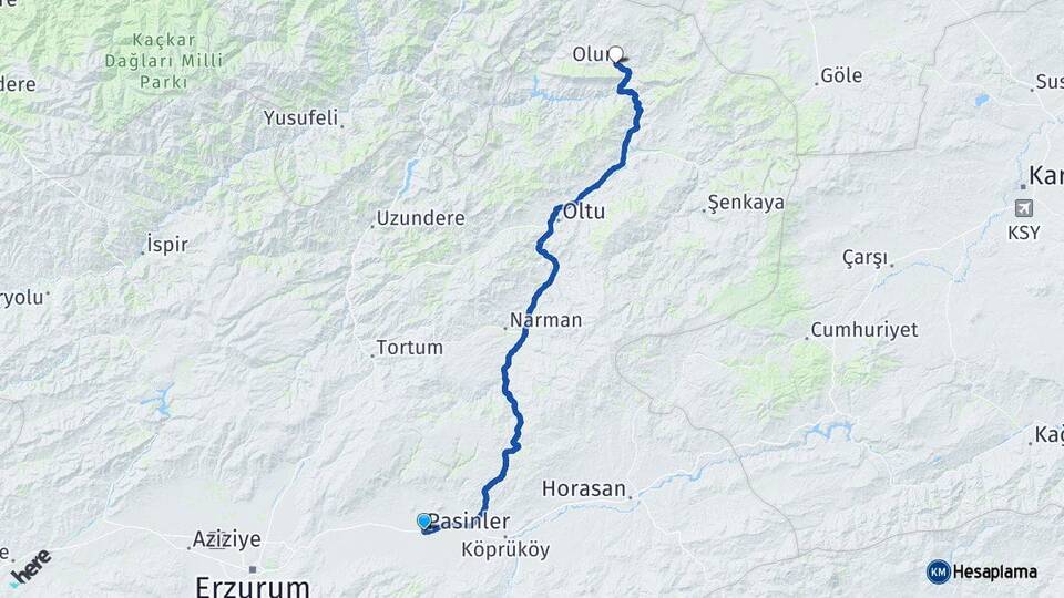 Erzurum Pasinler Olur Arası Kaç Km - Yol Haritası