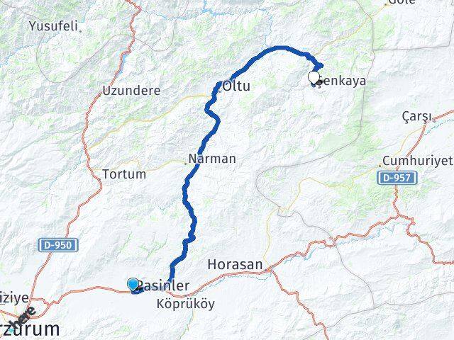 Erzurum Pasinler Şenkaya Arası Kaç Km - Yol Haritası