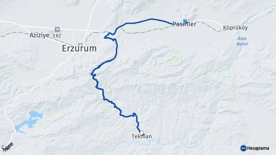 Erzurum Pasinler Tekman Arası Kaç Km - Yol Haritası