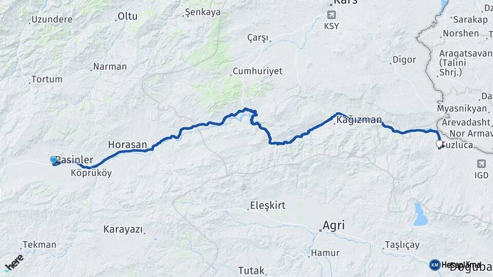 Erzurum Pasinler Tuzluca Iğdır Arası Kaç Km - Yol Haritası