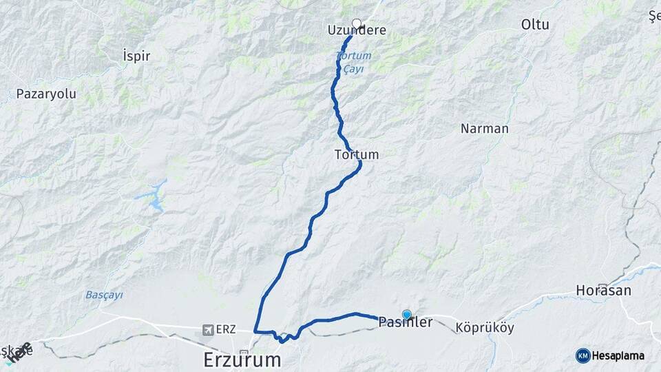 Erzurum Pasinler Uzundere Arası Kaç Km - Yol Haritası