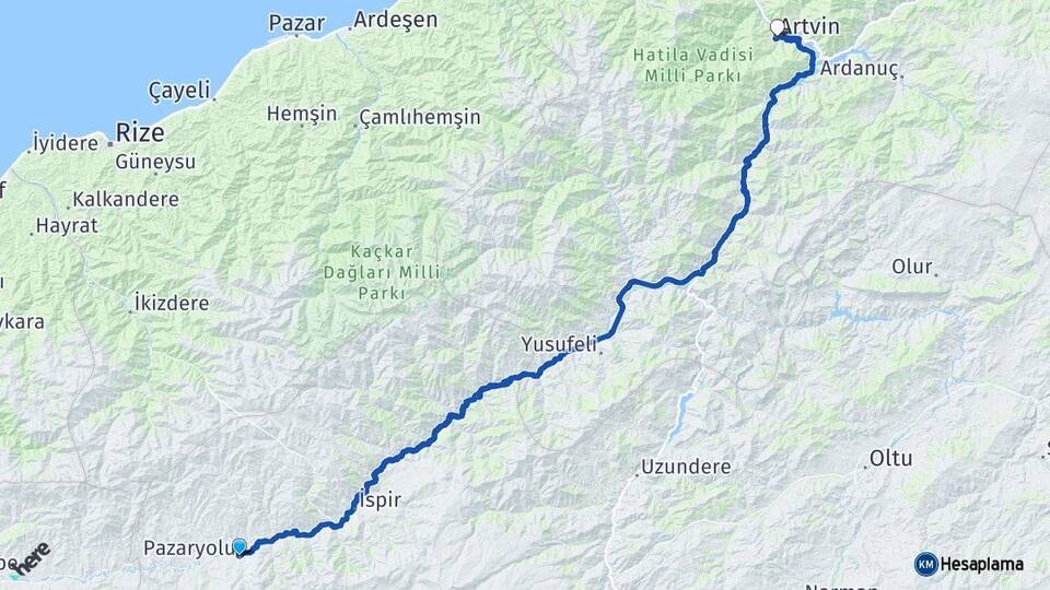 Erzurum Pazaryolu Artvin Arası Kaç Km - Yol Haritası