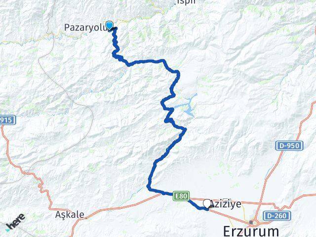 Erzurum Pazaryolu Aziziye Arası Kaç Km - Yol Haritası