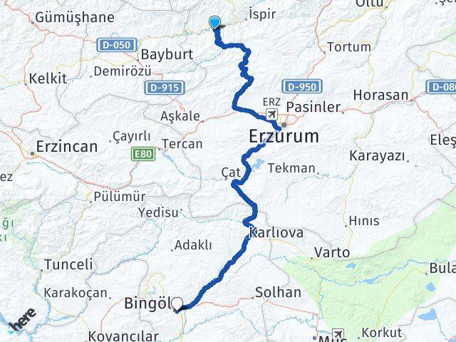 Erzurum Pazaryolu Bingöl Arası Kaç Km - Yol Haritası