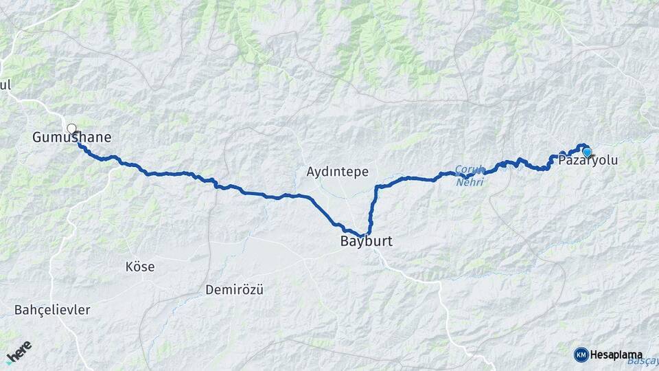Erzurum Pazaryolu Gümüşhane Arası Kaç Km - Yol Haritası