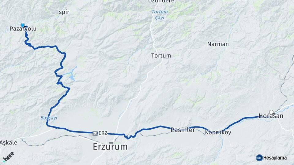 Erzurum Pazaryolu Horasan Arası Kaç Km - Yol Haritası