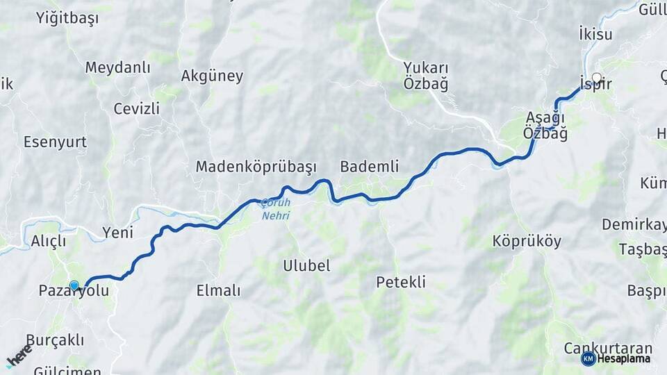 Erzurum Pazaryolu İspir Arası Kaç Km - Yol Haritası