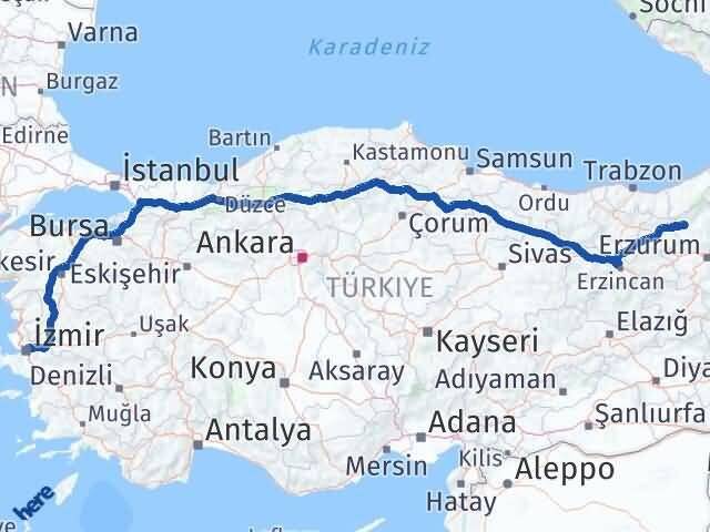 Erzurum Pazaryolu İzmir Arası Kaç Km - Yol Haritası