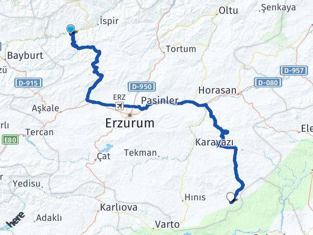 Erzurum Pazaryolu Karaçoban Arası Kaç Km - Yol Haritası