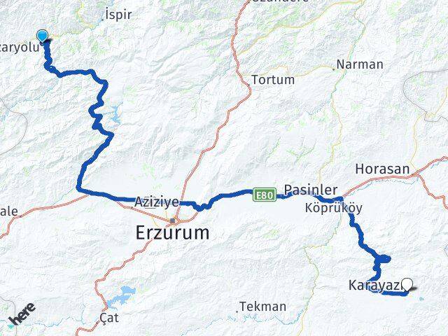 Erzurum Pazaryolu Karayazı Arası Kaç Km - Yol Haritası