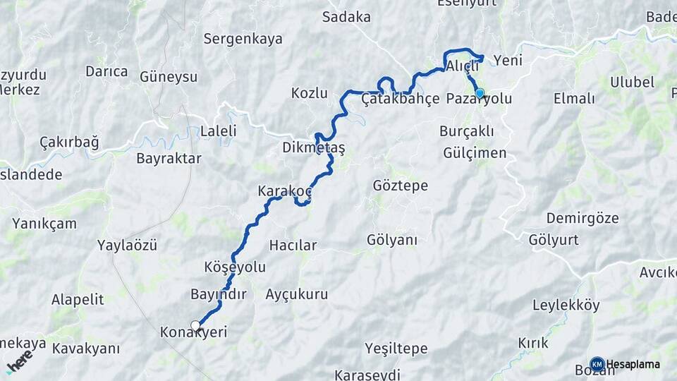Erzurum Pazaryolu Konakyeri Pazaryolu Arası Kaç Km - Yol Haritası