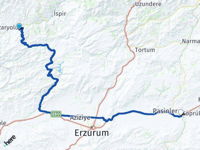 Erzurum Pazaryolu Köprüköy Arası Kaç Km - Yol Haritası