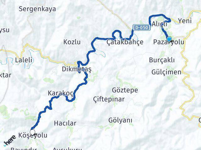 Erzurum Pazaryolu Köşeyolu Pazaryolu Arası Kaç Km - Yol Haritası