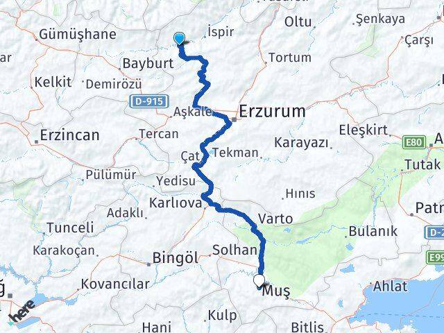Erzurum Pazaryolu Muş Arası Kaç Km - Yol Haritası