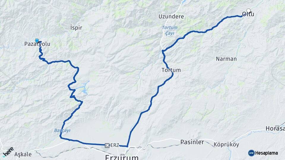 Erzurum Pazaryolu Oltu Arası Kaç Km - Yol Haritası