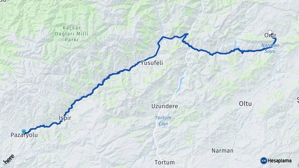 Erzurum Pazaryolu Olur Arası Kaç Km - Yol Haritası