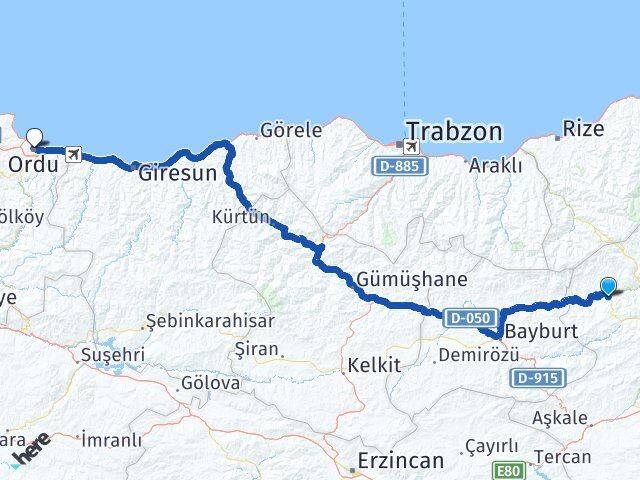 Erzurum Pazaryolu Ordu Arası Kaç Km - Yol Haritası