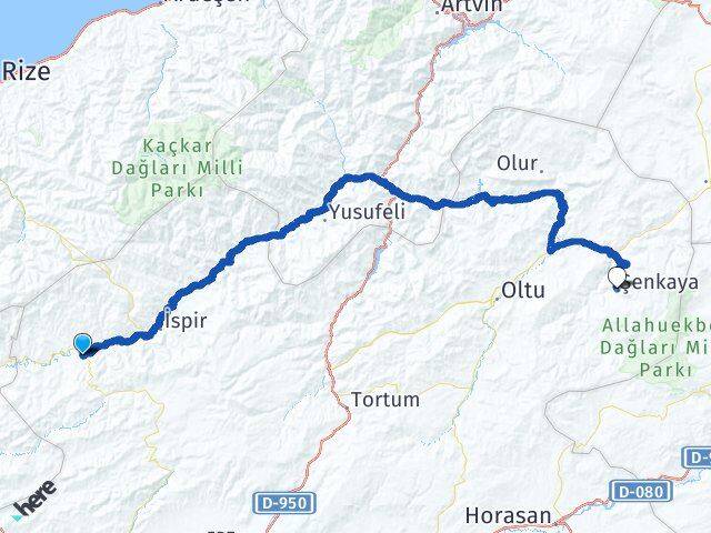 Erzurum Pazaryolu Şenkaya Arası Kaç Km - Yol Haritası