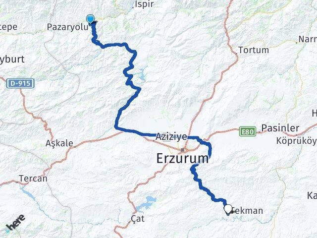 Erzurum Pazaryolu Tekman Arası Kaç Km - Yol Haritası