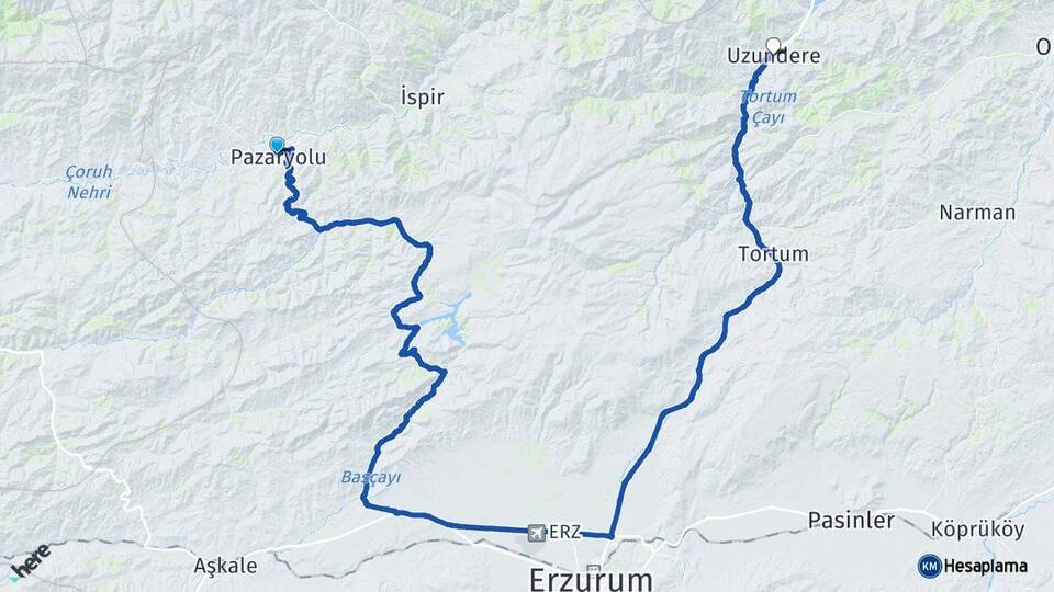 Erzurum Pazaryolu Uzundere Arası Kaç Km - Yol Haritası