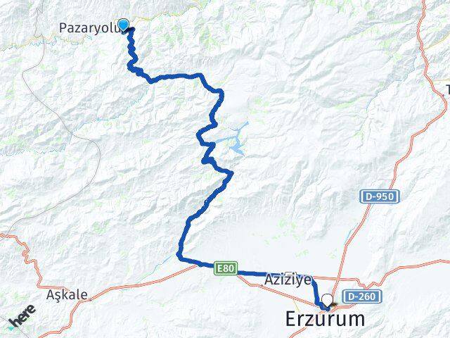Erzurum Pazaryolu Yakutiye Arası Kaç Km - Yol Haritası