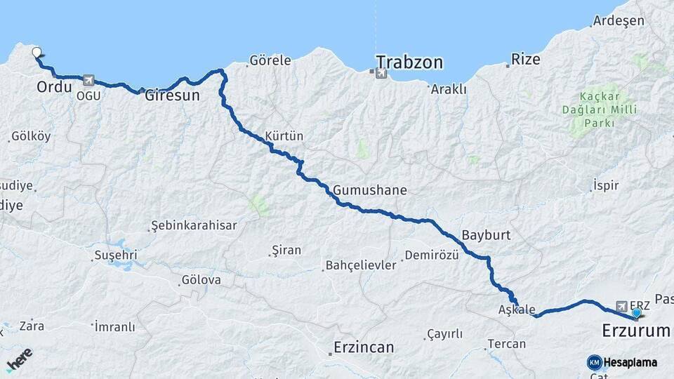 Erzurum Perşembe Ordu Arası Kaç Km - Yol Haritası