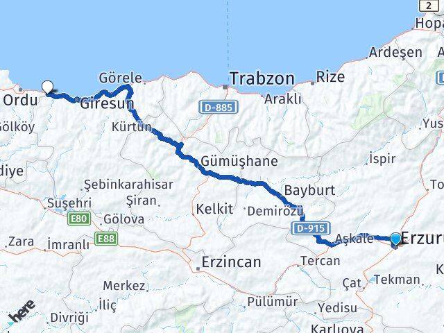 Erzurum Piraziz Giresun Arası Kaç Km - Yol Haritası
