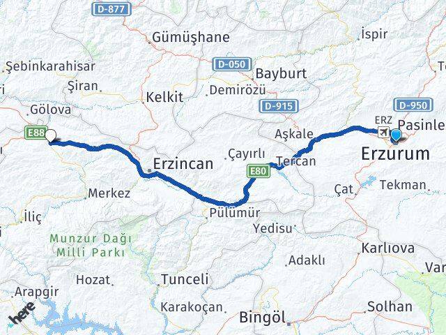 Erzurum Refahiye Erzincan Arası Kaç Km - Yol Haritası