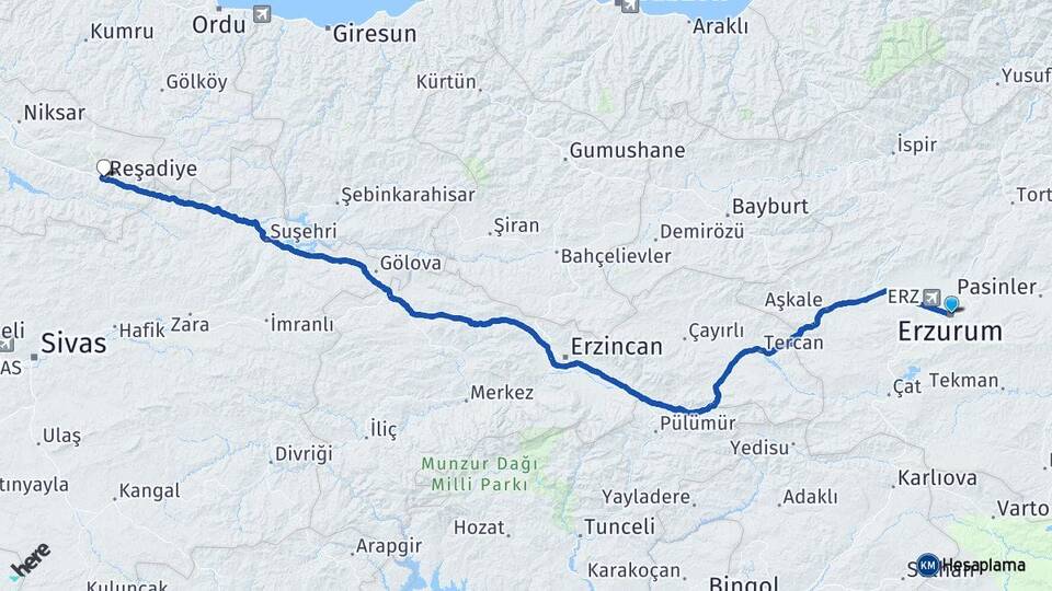 Erzurum Reşadiye Tokat Arası Kaç Km - Yol Haritası