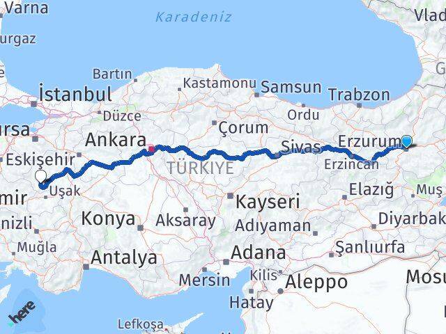 Erzurum Şaphane Kütahya Arası Kaç Km - Yol Haritası