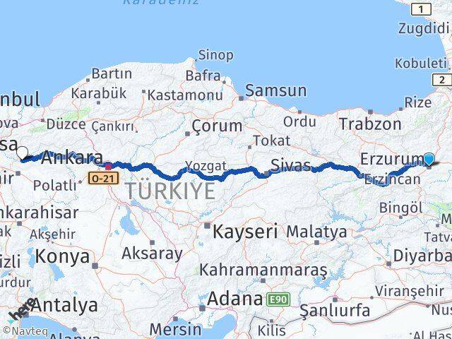 Erzurum Sarıcakaya Eskişehir Arası Kaç Km - Yol Haritası