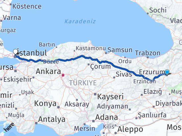 Erzurum Sarıyer İstanbul Arası Kaç Km - Yol Haritası