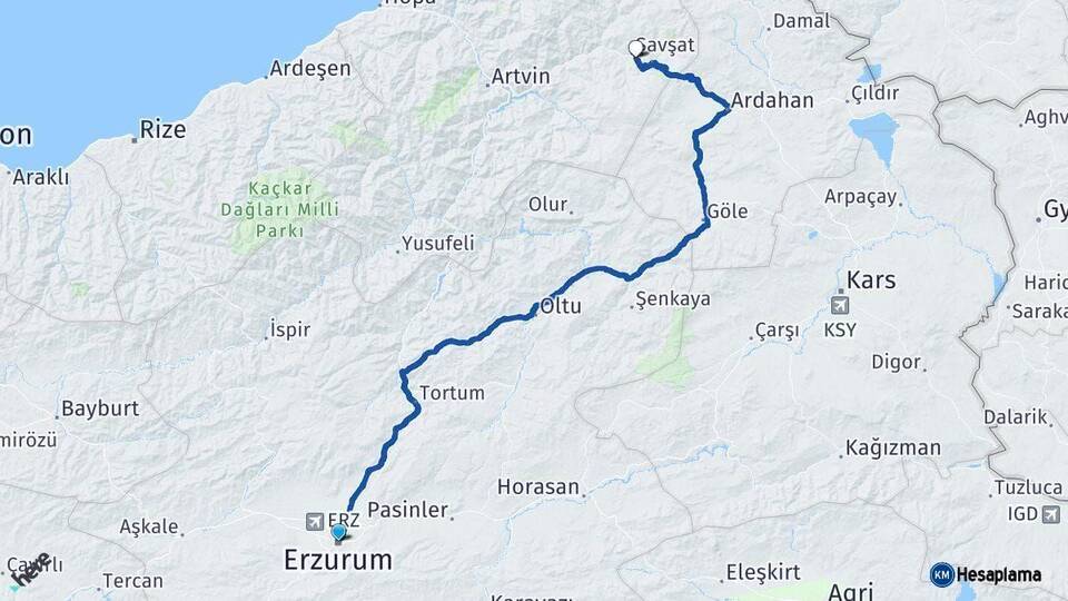 Erzurum Şavşat Artvin Arası Kaç Km - Yol Haritası