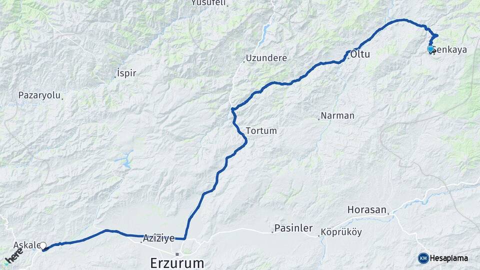 Erzurum Şenkaya Aşkale Arası Kaç Km - Yol Haritası