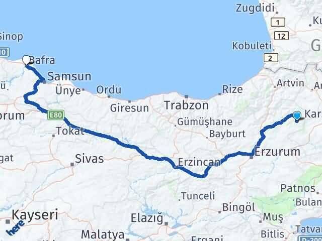 Erzurum Şenkaya Bafra Samsun Arası Kaç Km - Yol Haritası
