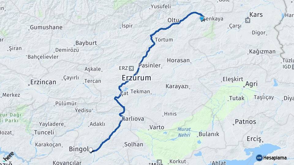 Erzurum Şenkaya Bingöl Arası Kaç Km - Yol Haritası