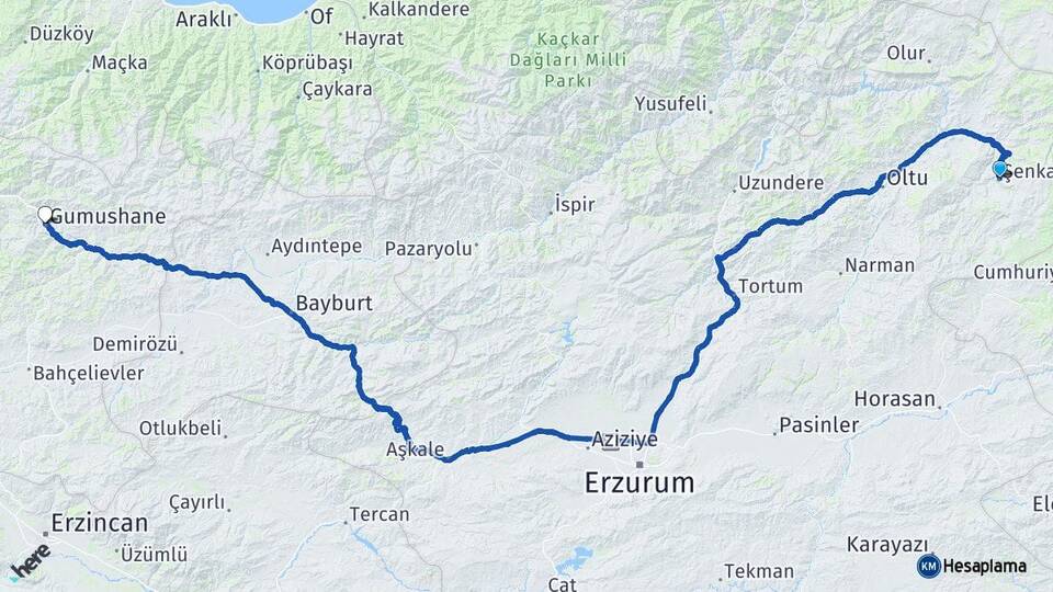 Erzurum Şenkaya Gümüşhane Arası Kaç Km - Yol Haritası